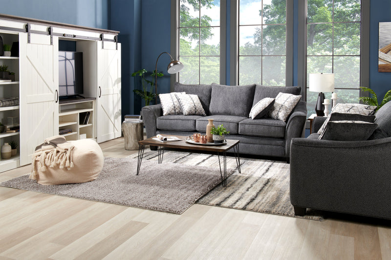 Made in Canada Febe 100\" Chenille Fabric Sofa with Flared Arms and Accent Pillows - Charcoal Grey