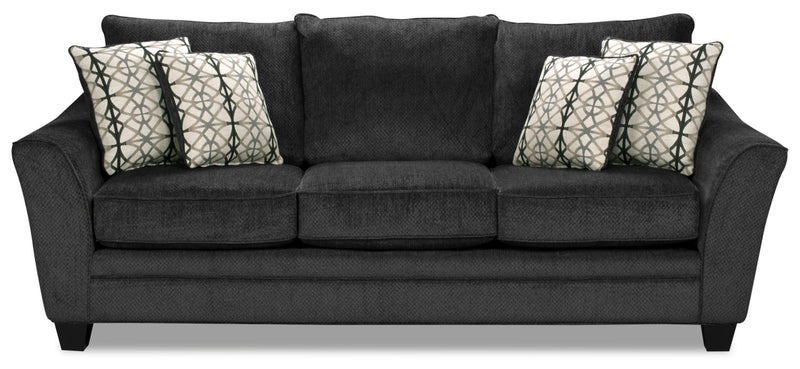 Made in Canada Febe 100\" Chenille Fabric Sofa with Flared Arms and Accent Pillows - Charcoal Grey