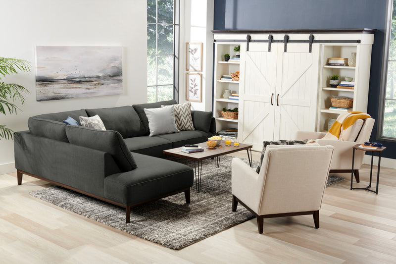 Cindy Crawford Home Gena 2-Piece Left-Facing Linen-Look Fabric Sectional with Wood Legs - Charcoal Grey