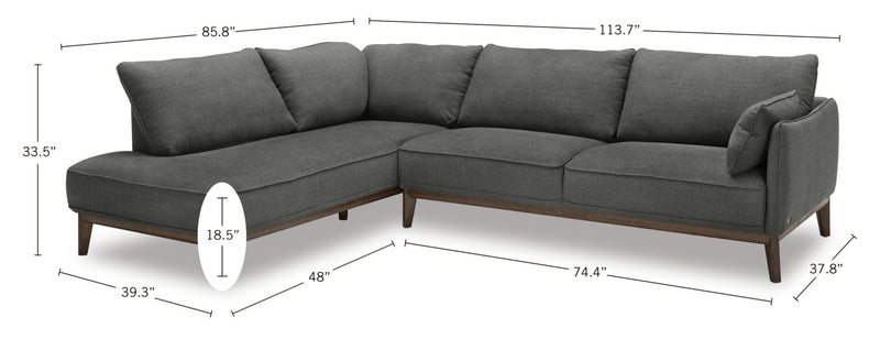 Cindy Crawford Home Gena 2-Piece Left-Facing Linen-Look Fabric Sectional with Wood Legs - Charcoal Grey