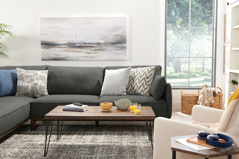 Cindy Crawford Home Gena 2-Piece Left-Facing Linen-Look Fabric Sectional with Wood Legs - Charcoal Grey