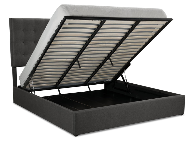 Jace Upholstered Storage Platform Bed in Grey Fabric, Tufted - King Size