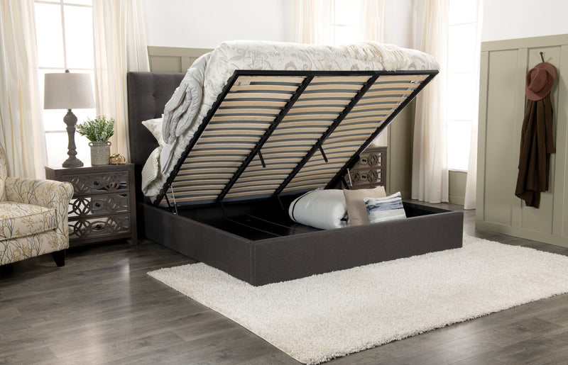 Jace Upholstered Storage Platform Bed in Grey Fabric, Tufted - King Size