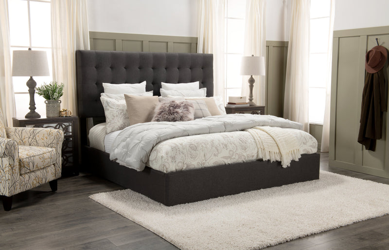 Jace Upholstered Storage Platform Bed in Grey Fabric, Tufted - King Size