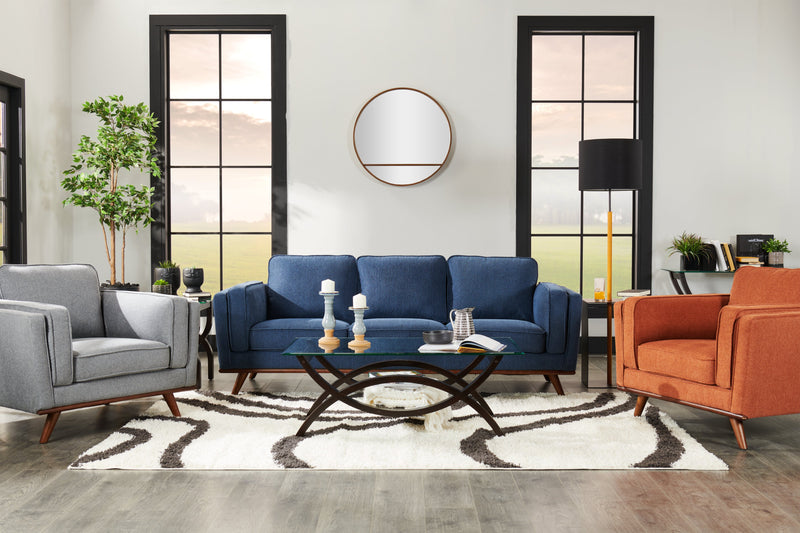 Kort & Co. Kassia 90.6\" Linen-Look Fabric Sofa with Wood Base and Legs - Blue