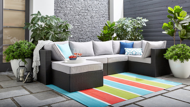Minnesota 6-Piece Outdoor Patio Set with 3 Corner Chairs, 2 Armless Chairs & Ottoman - Hand-Woven Resin Wicker, Olefin Fabric, UV & Weather Resistant - Grey