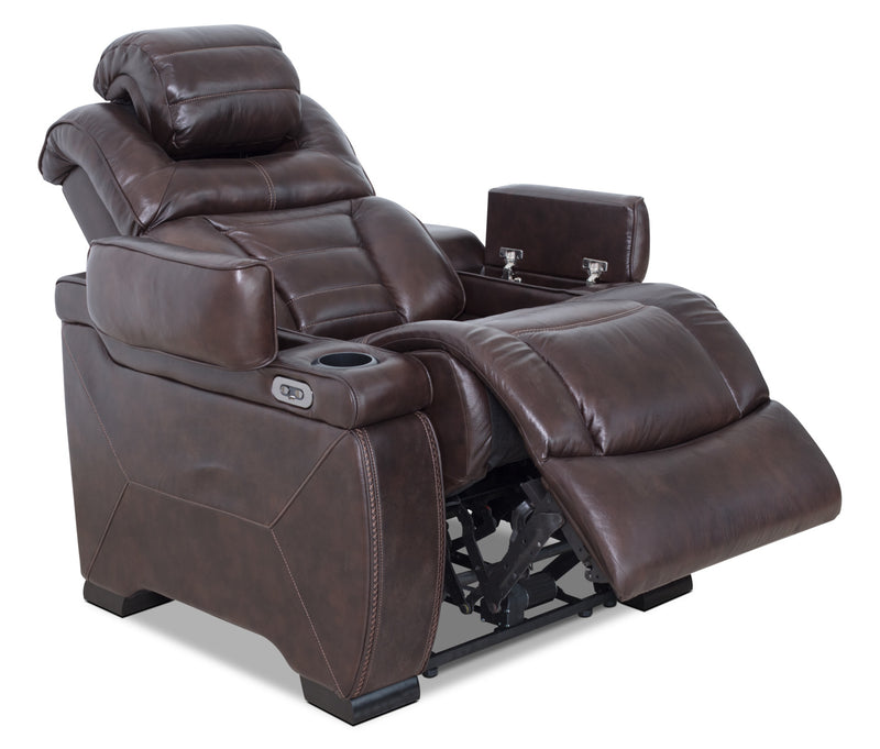 Hugo 37\" Genuine Leather Power Reclining Chair with Power Headrest, Dual Cupholders and USB Port - Brown