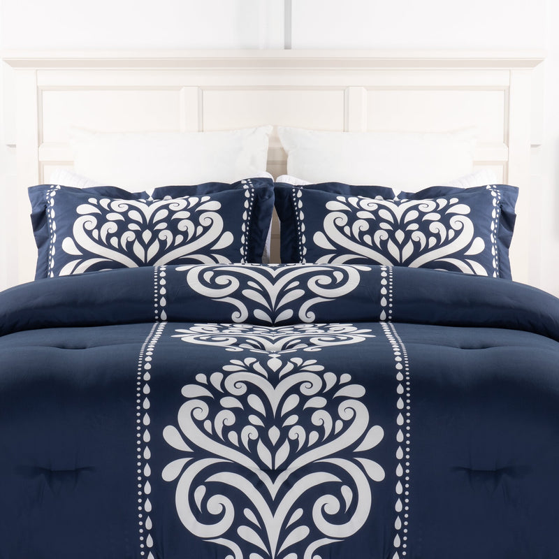 Navy Damask 3-Piece Full/Queen Comforter Set - The Brick