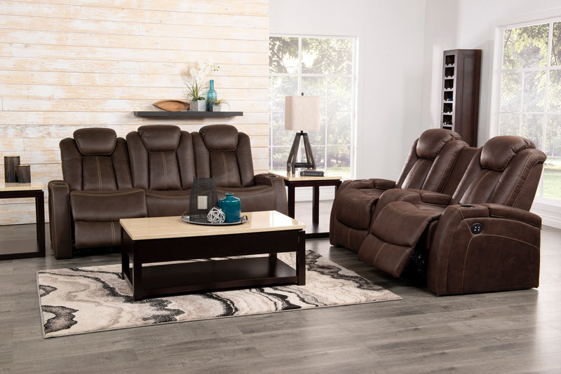 Ross 72.5\" Faux Suede Fabric Power Reclining Loveseat with Power Headrests and Storage Console - Chocolate Brown