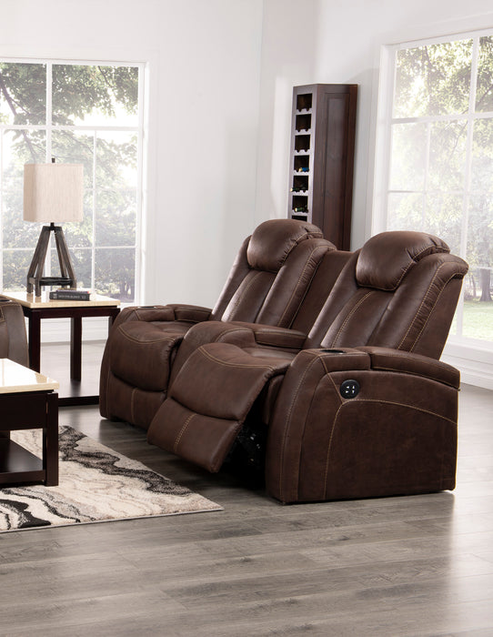 Ross 72.5\" Faux Suede Fabric Power Reclining Loveseat with Power Headrests and Storage Console - Chocolate Brown