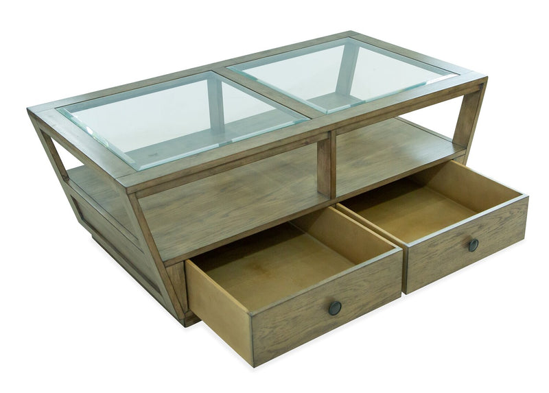 Esme 48\" Traditional Glass Top Coffee Table with Storage and Shelf - Light Brown Wood