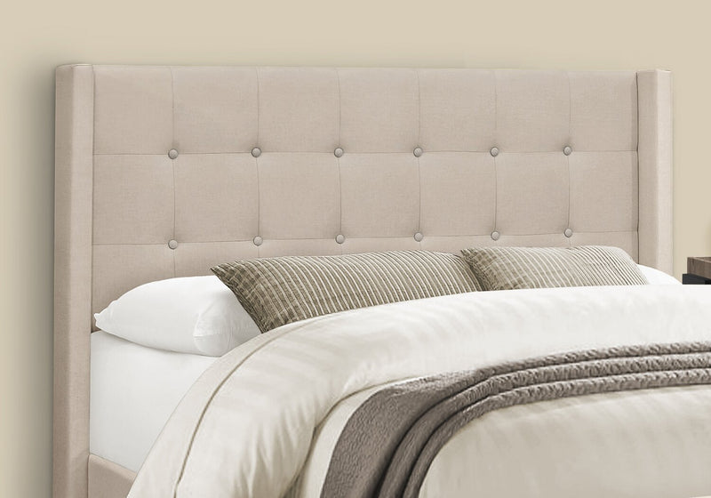 Zara Upholstered Bed in Beige LinenLook Fabric Button Tufted Q