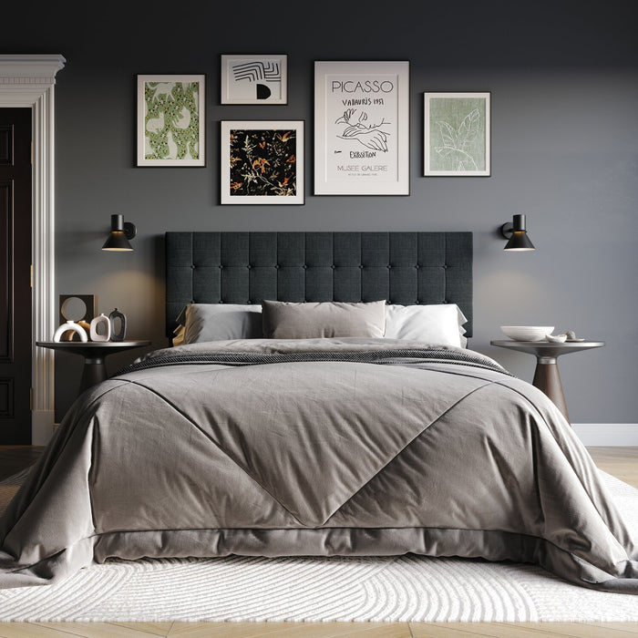 Ellis Upholstered Headboard in Charcoal Fabric, Button Tufted - Full Size