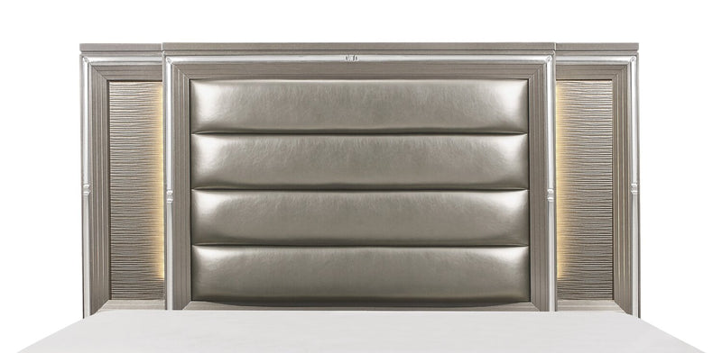 Max Panel Headboard, LED, Vegan Leather, Glam, Silver - King Size