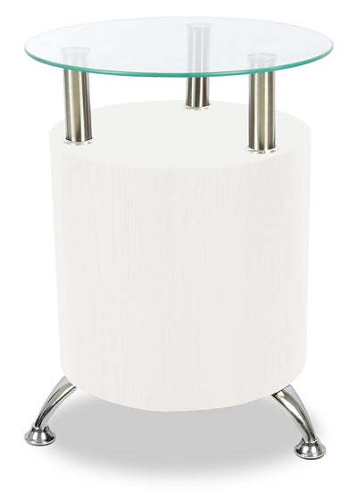 Savon 17.72" Modern Round Glass Top End Table with Shelf - White Wood and Chrome |Table de bout ronde moderne Savon de 17,72 po avec dessus en verre et tablette - bois blanc et chrome