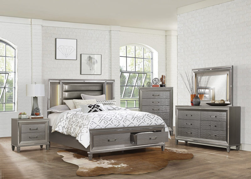 Max 6pc Bedroom Set with Storage Bed, Dresser, Mirror & Nightstand, LED, Glam, Silver - Queen Size