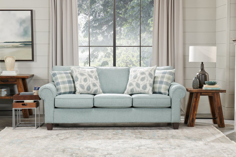 Made in Canada Scarlett 87\" Chenille Fabric Sofa with Rolled Arms and Accent Pillows - Marine Blue