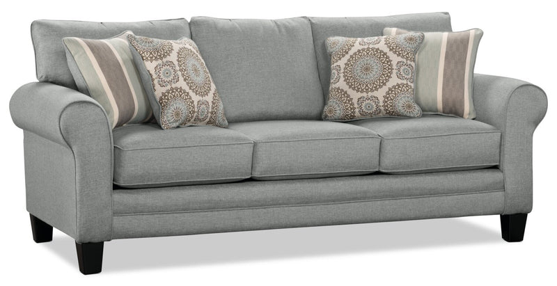 Made in Canada Tula 88\" Fabric Sofa with Rolled Arms and Accent Pillows - Mist Grey