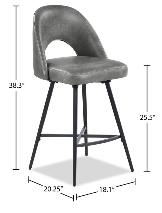 Kort & Co. Bay Counter-Height Stool with Swivel Seat, Vegan Leather Fabric, Metal - Grey
