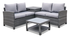 Dominica 4-Piece Outdoor Patio Set with 2 Loveseats, Storage End Table & Glass Top Coffee Table - Hand-Woven Resin Wicker, UV & Weather Resistant - Grey