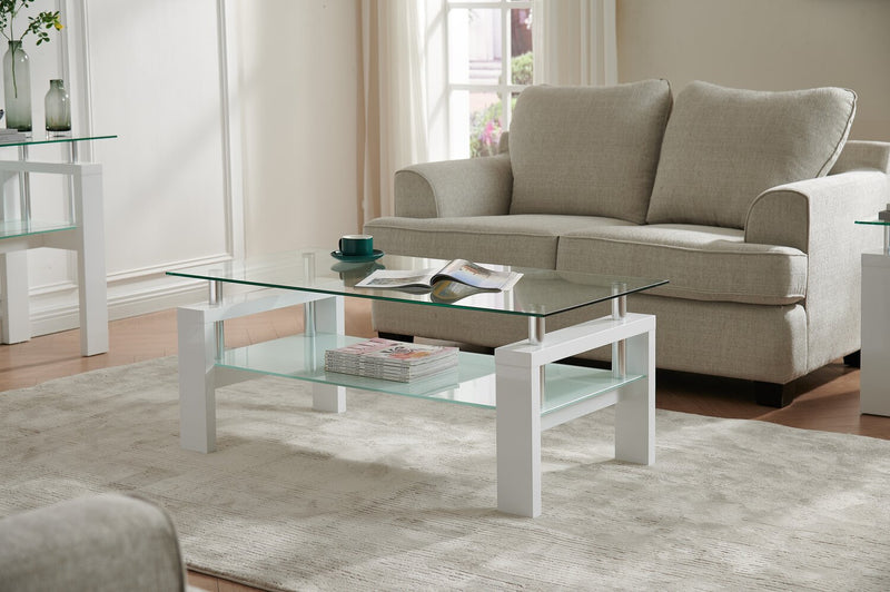 Harvy  47.25\" Modern Glass Top Coffee Table with Shelf - White