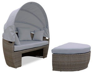 Capri 2-Piece Canopy Outdoor Patio Conversation Set with Canopy Daybed, Semi-Circle Ottoman & 4 Throw Pillows - Hand-Woven Resin Wicker, UV & Weather Resistant - Grey