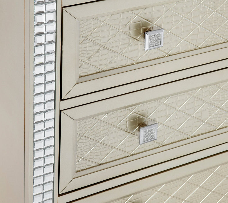 Tyra 5pc Bedroom Set with Bed, Dresser & Mirror, Glam, Vegan Leather, Champagne - Queen Size