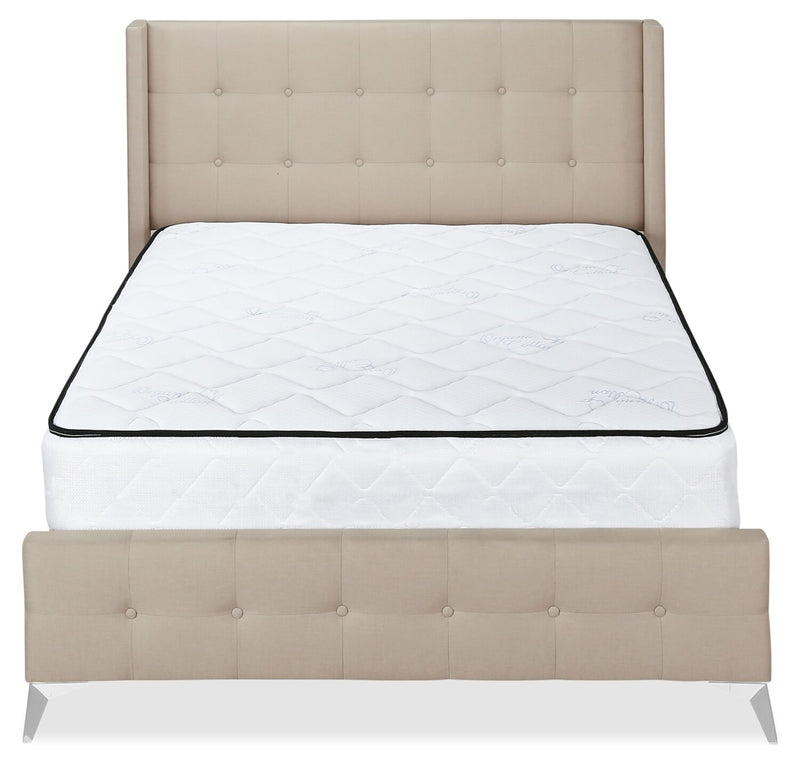 Zara Upholstered Bed in Beige LinenLook Fabric Button Tufted Q