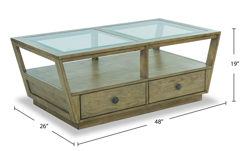 Esme 48\" Traditional Glass Top Coffee Table with Storage and Shelf - Light Brown Wood