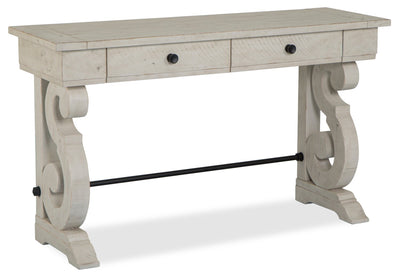 Bronwyn 50" Traditional Sofa Table with Storage - Alabaster Pine with Scroll Design Wood Base|Table de salon traditionnelle Bronwyn de 50 po avec rangement - pin albâtre avec base en bois à volutes
