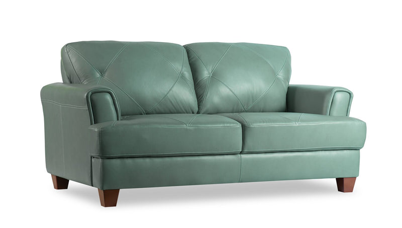 Chateau d’Ax Vita 70\" 100% Genuine Leather Loveseat with Diamond Pattern Stitching and Wood Legs - Seafoam Green