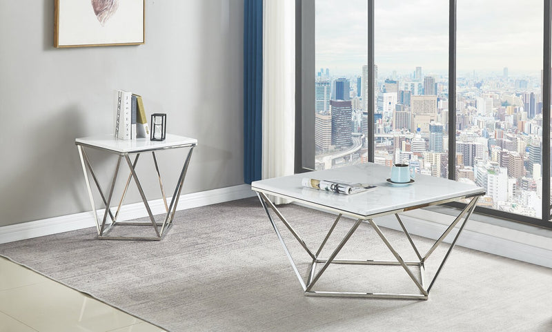 Amanda 21.5\" Modern Square End Table - White Marble Top with Chrome Metal Base