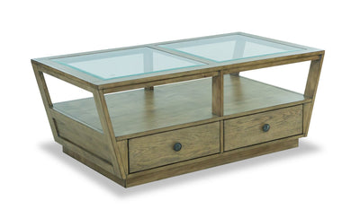 Esme 48" Traditional Glass Top Coffee Table with Storage and Shelf - Light Brown Wood|Table à café traditionnelle Esme de 48 po avec dessus en verre, rangement et tablette - bois brun clair