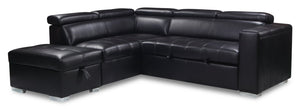 Drake 3-Piece Left-Facing Leather-Look Fabric Sleeper Sectional with Storage Ottoman - Black