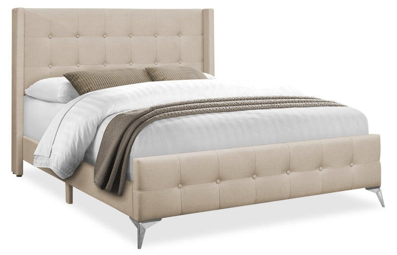 Zara Upholstered Bed in Beige LinenLook Fabric Button Tufted Q