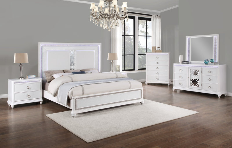 Ava 5pc Bedroom Set with Bed, Dresser & Mirror, LED, Glam, White - King Size