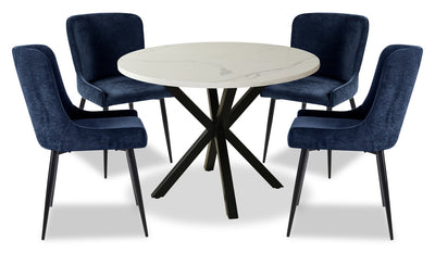 Verona 5pc Dining Set with Table & 4 Lexi Chairs, Culture Marbled Top, Metal, 42"W Round - Blue | Ensemble de salle à manger Verona 5 pièces en métal avec table ronde de 42 po (L), dessus en marbre synthétique et 4 chaises Lexi - bleu