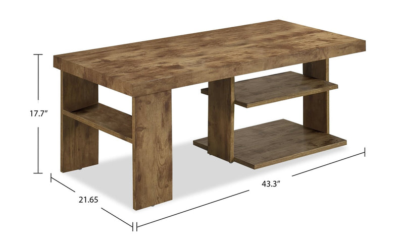 Devon 43.3\" Rustic Coffee Table with Shelf - Light Pine Finish Wood