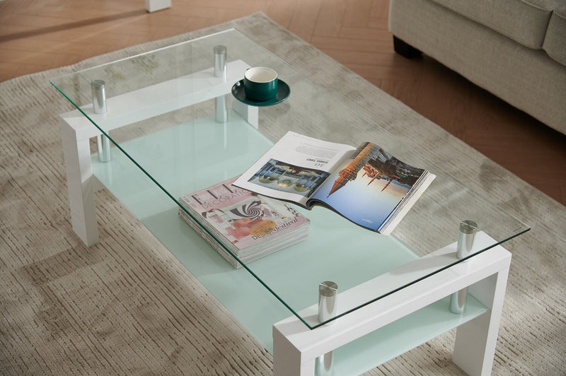 Harvy  47.25\" Modern Glass Top Coffee Table with Shelf - White