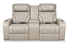 Elite 74\" Genuine Leather Massage Power Reclining Loveseat with Power Headrests and Storage Arms - Grey