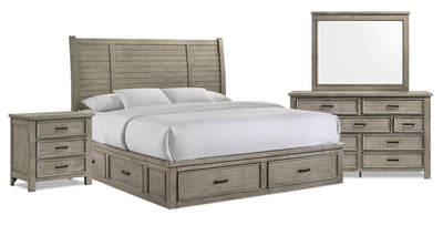 Levi 6pc Bedroom Set with Storage Bed, Dresser, Mirror & Nightstand, Wooden, Drift Grey - King Size | Ensemble de chambre à coucher Levi 6 pièces en bois avec lit de rangement, commode, miroir et table de nuit, gris bois de grève - format très grand lit