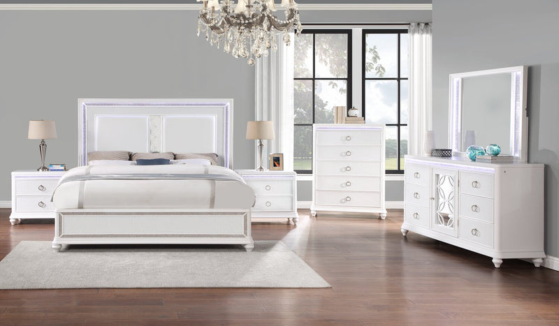 Ava 5pc Bedroom Set with Bed, Dresser & Mirror, LED, Glam, White - King Size