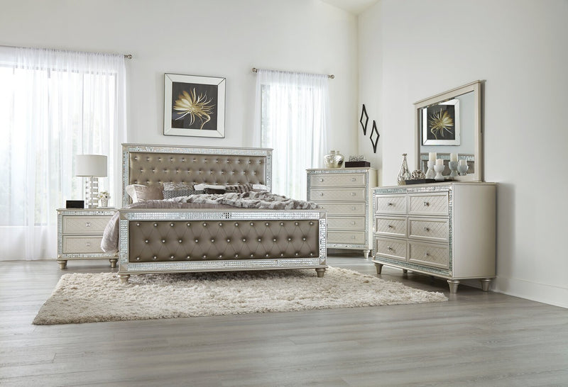 Tyra 5pc Bedroom Set with Bed, Dresser & Mirror, Glam, Vegan Leather, Champagne - Queen Size