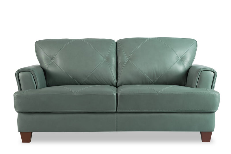 Chateau d’Ax Vita 70\" 100% Genuine Leather Loveseat with Diamond Pattern Stitching and Wood Legs - Seafoam Green