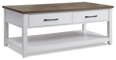 Kort & Co. Logan 47.25" Traditional Coffee Table with Storage and Shelf - White and Walnut Oak |Table à café traditionnelle Logan de Kort & Co. de 47,25 po avec rangement et tablette - blanche et chêne noyer