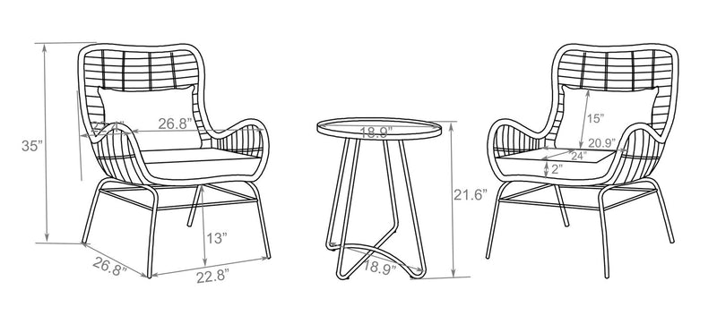 Maki 3-Piece Outdoor Patio Conversation Set with 2 Chairs & Round Metal End Table - Hand-Woven Resin Wicker, UV & Weather Resistant - Natural