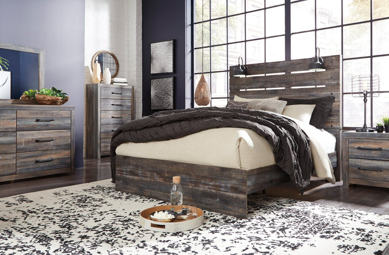 Abby 6pc Bedroom Set with Panel Bed, Dresser, Mirror & Nightstand, LED, USB, Brown - Queen Size
