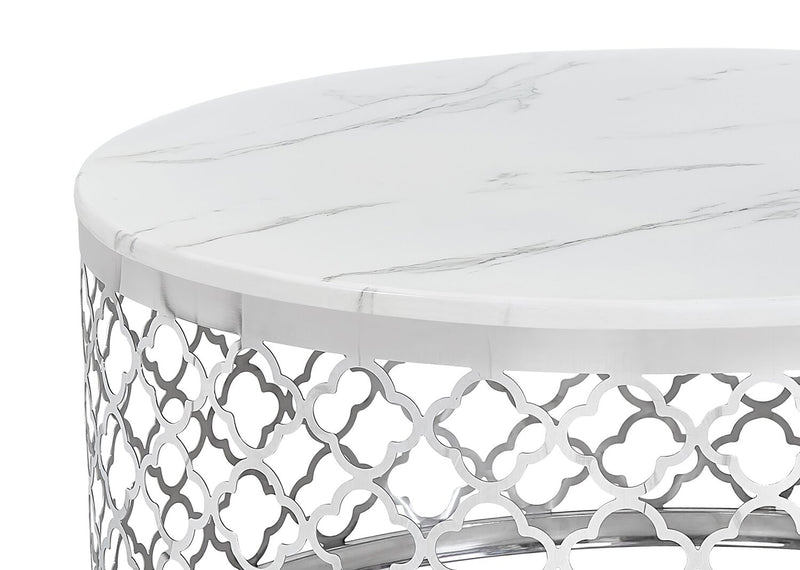 Belle 36" Glam Round Sofa Table - White Marble Top with Stainless S ...
