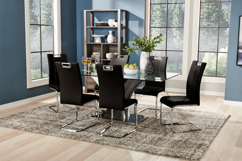 Tuxedo 7pc Dining Set with Table & 6 Chairs, Glass Top, Pedestal Base, 72\"W - Black