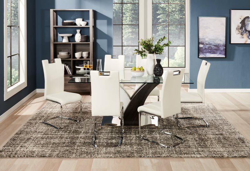 Tuxedo 7pc Dining Set with Table & 6 Chairs, Glass Top, Pedestal Base, 72\"W - White